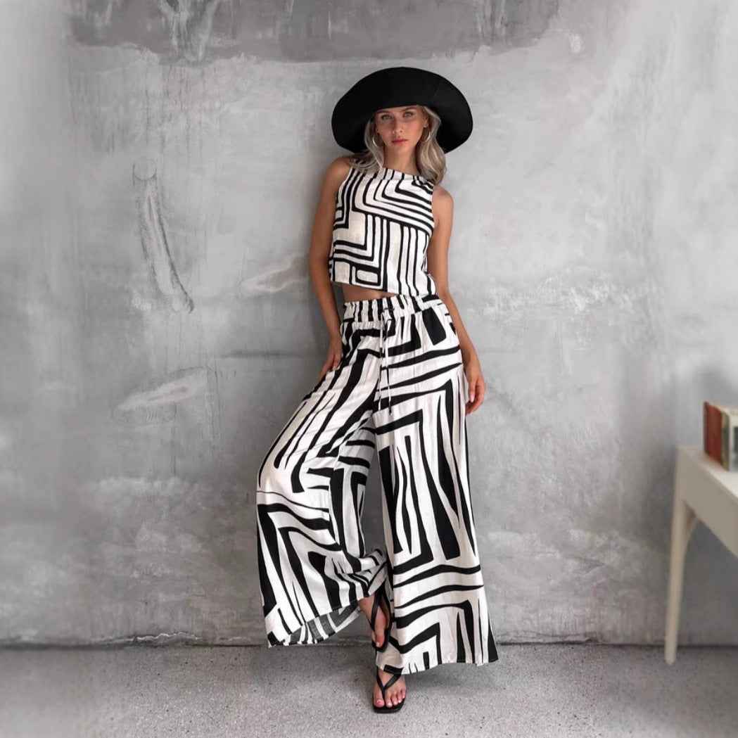 Summer Several Printed Casual Loose Vest Wide Leg Straight Pants Set - Yara fashion Yara fashion 46.99
