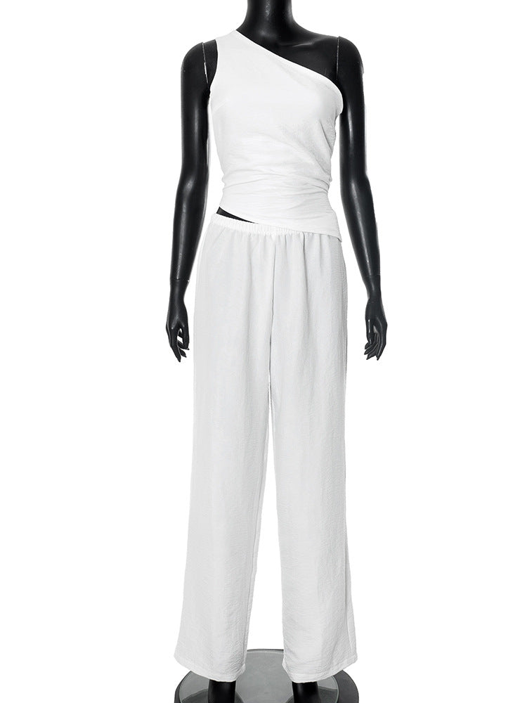 Women Clothing Solid Color Sleeveless Shoulder Back Hollow Out Cutout out Strap Vest Pants - Yara fashion Yara fashion 32.99