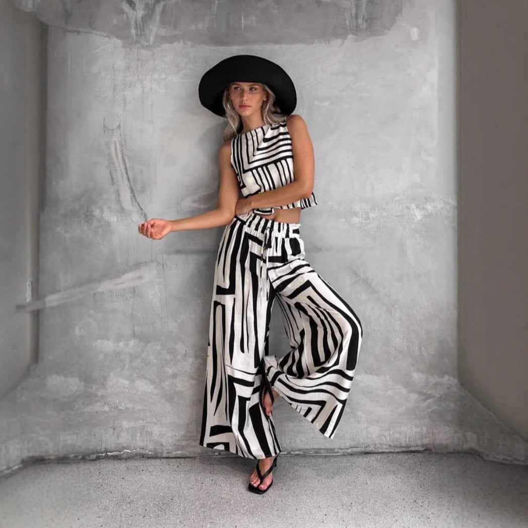 Summer Several Printed Casual Loose Vest Wide Leg Straight Pants Set - Yara fashion Yara fashion 46.99