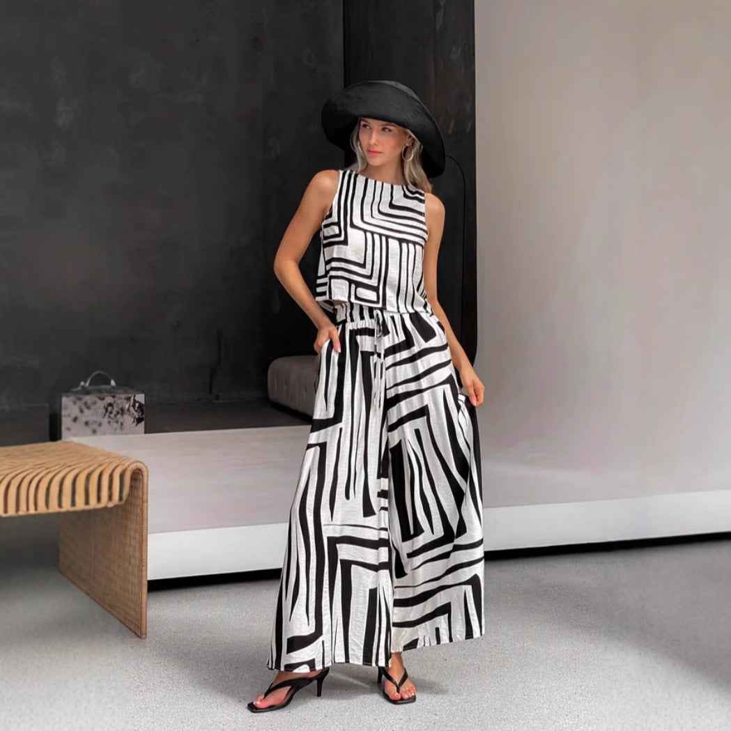 Summer Several Printed Casual Loose Vest Wide Leg Straight Pants Set - Yara fashion Yara fashion 46.99