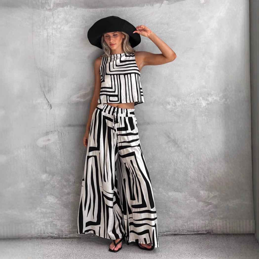 Summer Several Printed Casual Loose Vest Wide Leg Straight Pants Set - Yara fashion Yara fashion 46.99