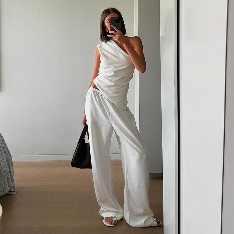 Women Clothing Solid Color Sleeveless Shoulder Back Hollow Out Cutout out Strap Vest Pants - Yara fashion Yara fashion 32.99